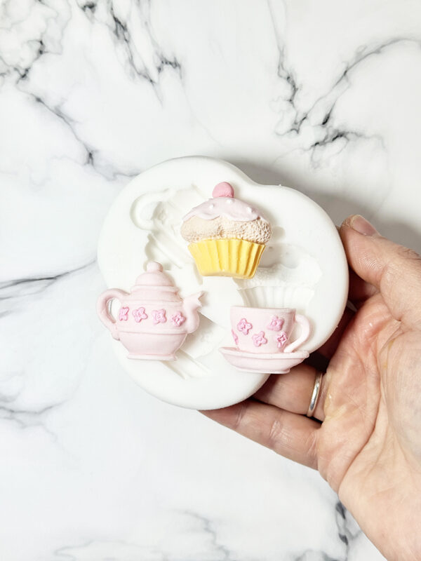 Molde de Silicona Cupcake, Té y Tetera con florcitas